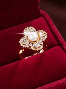 1pc Adjustable Blooming Flower Design Artificial Zirconia Stone Ring For Women - Multicolor - View 1