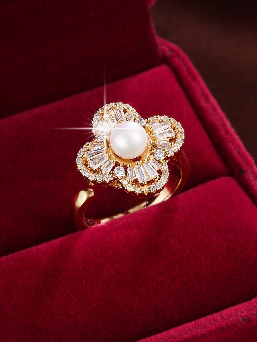 1pc Adjustable Blooming Flower Design Artificial Zirconia Stone Ring For Women - Multicolor - View 1