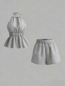 conjunto de 2 piezas de mujer con top halter con lazos y pantalones cortos a rayas con espalda descubierta, adecuado para vacaciones de verano y viajes - Negro - Ver 3