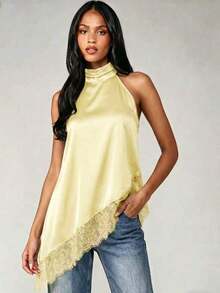 Top de tirantes negro para mujer, bajo asimétrico, diseño de espalda abierta, con ribete de encaje en contraste, longitud regular para verano - amarillo ganso - Ver 2