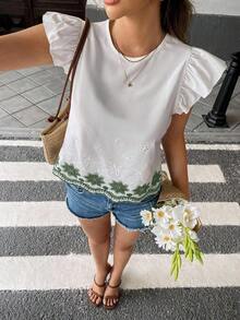 Blusa de verano casual de vacaciones con bordado floral y volantes en las mangas - Verde - Ver 3