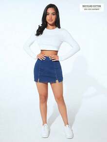 vaqueros casuales de corte simple con abertura, de ajuste slim para mujer - Azul 2 - Ver 9