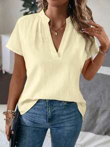 Camisa casual de mujer de unicolor con cuello en V y manga corta - Albaricoque - Ver 1