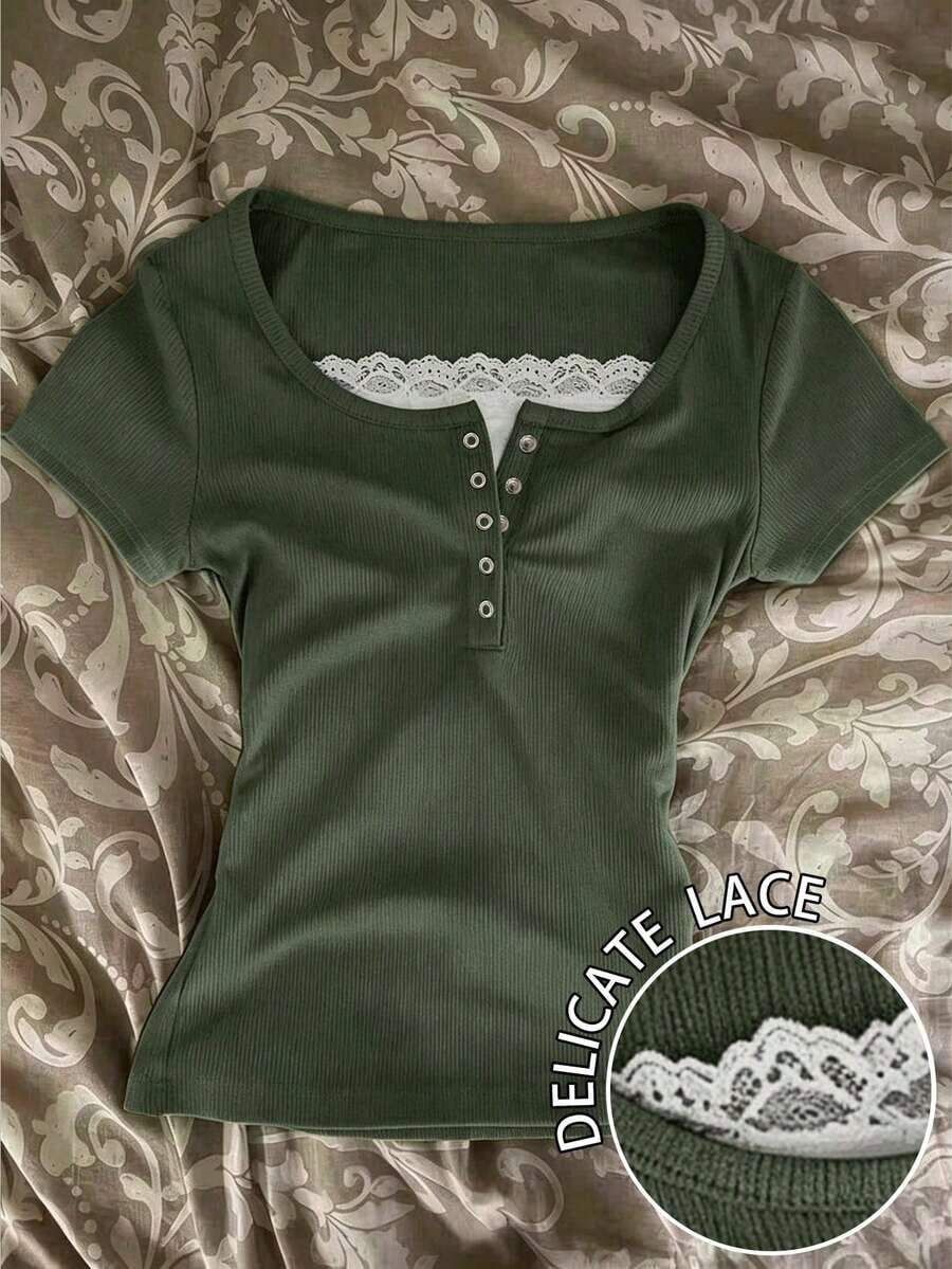Camiseta de manga corta con cremallera frontal de 2 vías y adorno de encaje para mujer - Multicolor 13 - Ver 1
