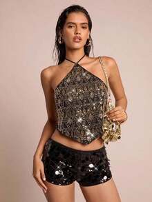 Glamour Nuevo top de verano bohemio de mujer para vacaciones, con escote halter sin espalda y tela con cuentas especiales en la espalda.Vestido de vuelta al colegio, vestidos de mujer para salir, tops de mujer estilo Y2K lindos - Negro - Ver 3