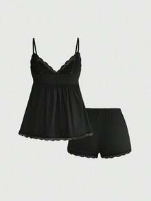 Conjunto de pijama casual de camiseta de tirantes acanalada y shorts con encaje - Negro - Ver 2