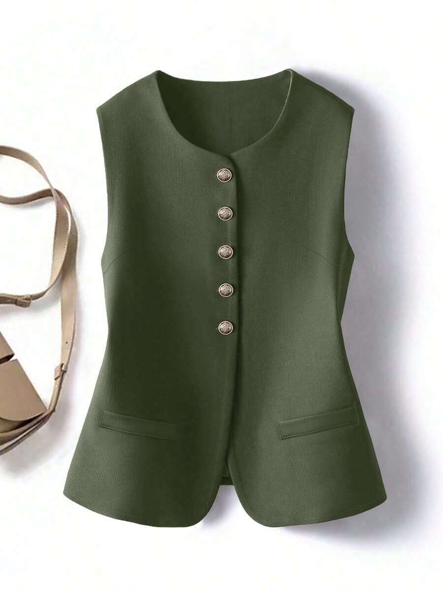 Cárdigan de cuello redondo elegante y casual de estilo vintage para mujer - Verde militar - Ver 1