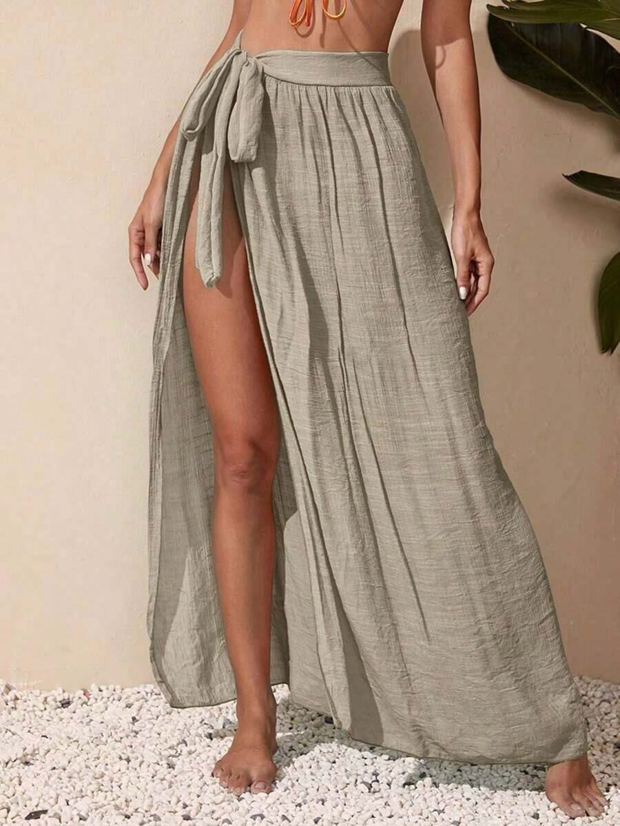 Falda cover up de cintura con cordón - Caqui - Ver 1