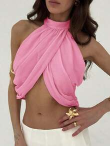 Blusa elegante y sexy para mujer con cuello cruzado, fruncido en la espalda y botones, de estilo casual y de vacaciones, de gasa - Rosa - Ver 5