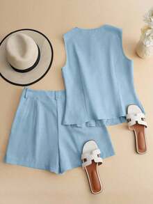 Conjunto de 2 piezas de ropa para universidad con cárdigan sin mangas y cómodo para vacaciones, en color rosa palo - Azul - Ver 2
