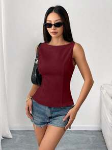 Camisa sin mangas con lazo en la espalda de unicolor, elegante, casual, sexy y minimalista para uso en la oficina y negocios para mujeres, primavera/verano - Burdeos 2 - Ver 8