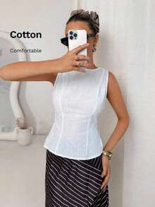 Camisa blanca sin mangas de algodón y lino, ajustada, con botones de nudo de bambú, estilo vintage para oficina - Blanco 2 - Ver 8