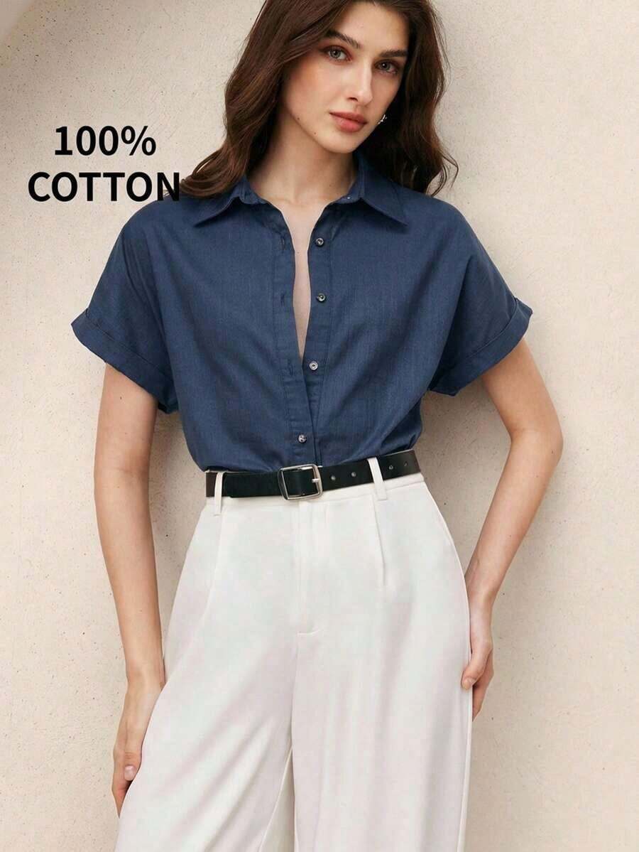 Nueva llegada Camisa casual de manga corta con botones delanteros de unicolor, adecuada para uso diario, primavera/verano - Azul 2 - Ver 1