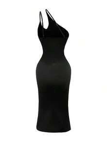 Vestido midi ajustado de unicolor y sexy para mujer - Negro - Ver 2