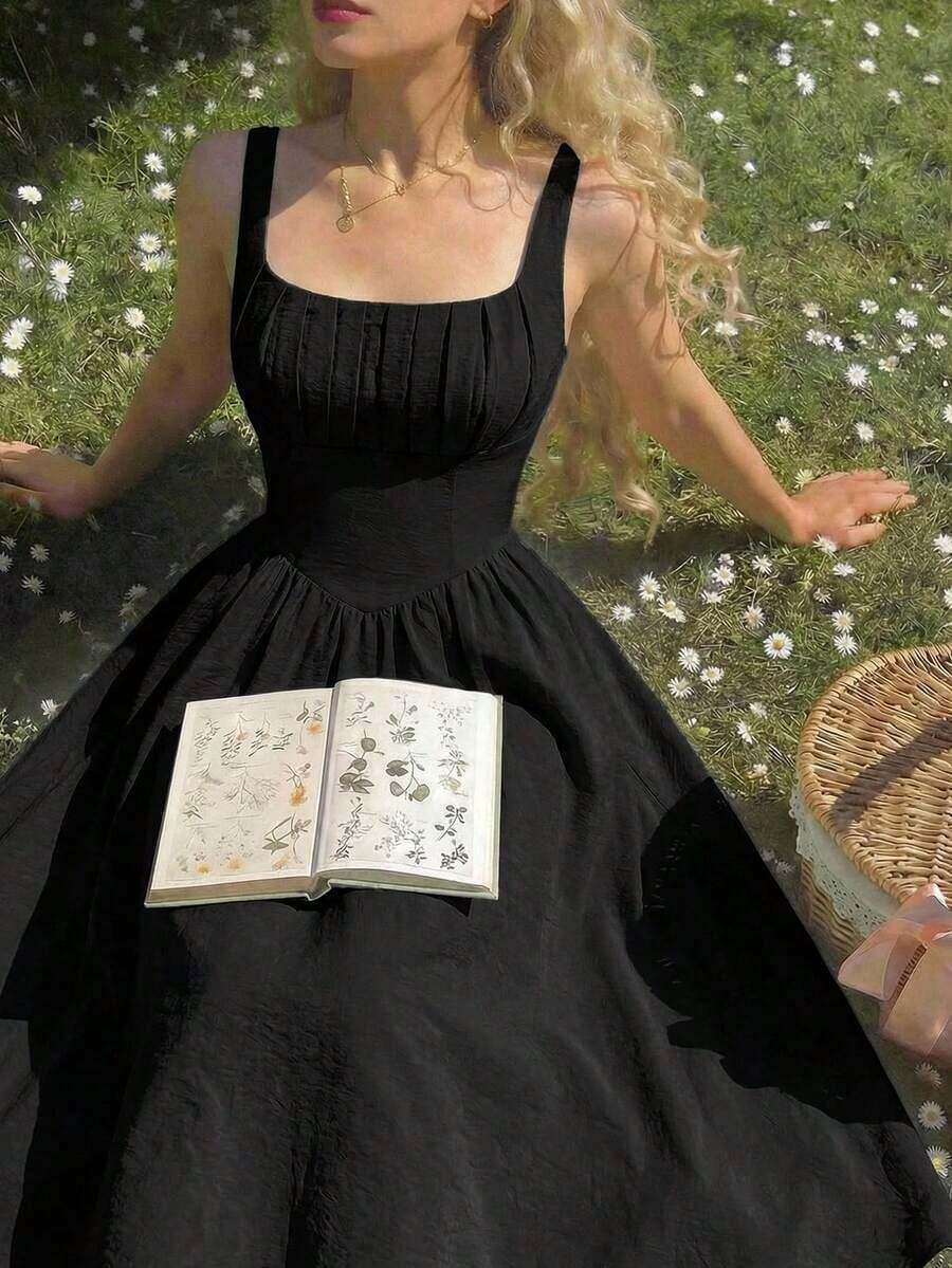 Vestido elegante de longitud media sin mangas con diseño de cintura plisada y unicolor para mujer - Negro - Ver 1