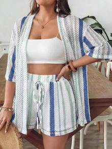 VCAY Conjunto de 2 piezas de camisa y shorts a rayas azules y blancas para mujer de talla grande, ropa de verano para vacaciones en la piscina, estilo boho chic, ropa de mujer, conjuntos para brunch, ropa para el aeropuerto, ropa para vacaciones en la playa, ropa para escapadas urbanas, ropa de vacaciones, ropa occidental para mujer, ropa occidental para mujer, conjuntos de verano europeos para vacaciones en la isla, conjuntos para luna de miel, conjuntos de estilo Old Money South Beach, conjuntos de la  de Amalfi, conjuntos de encaje, top de encaje. - Multicolor 9 - Ver 5