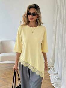 LUNE Camiseta básica de mujer de uso diario para primavera y verano, de unicolor, con dobladillo asimétrico y parches de encaje - Blanco - Ver 11