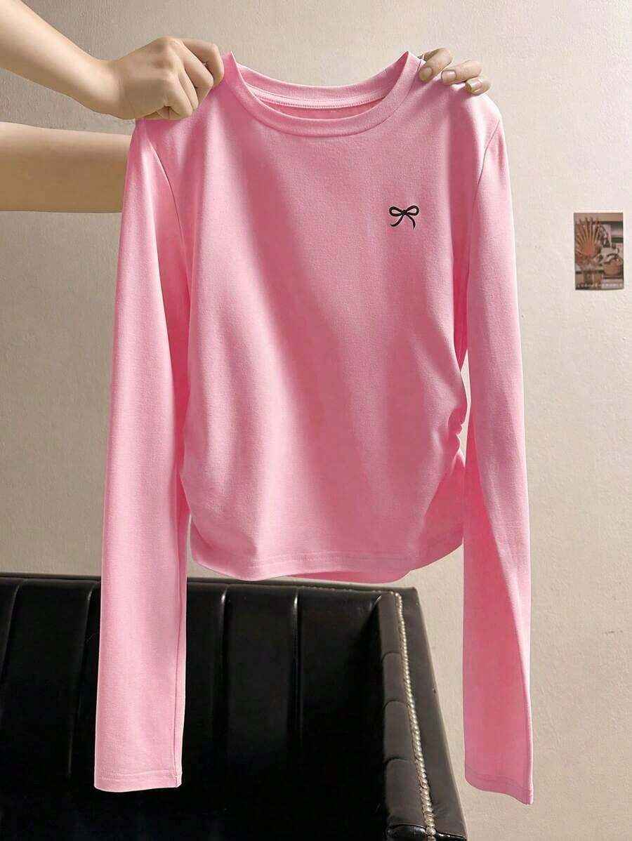 Camiseta casual de mujer con mangas raglán, estampado de lazo y contraste de color - Rosa - Ver 1