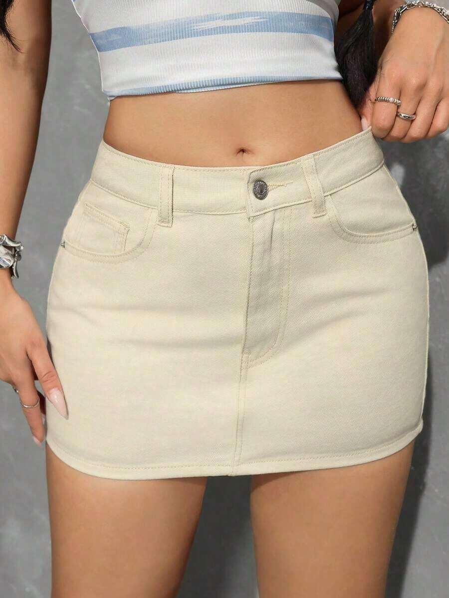 Minifalda vaquera casual de uso diario para mujer con bolsillos y botones - Albaricoque - Ver 1