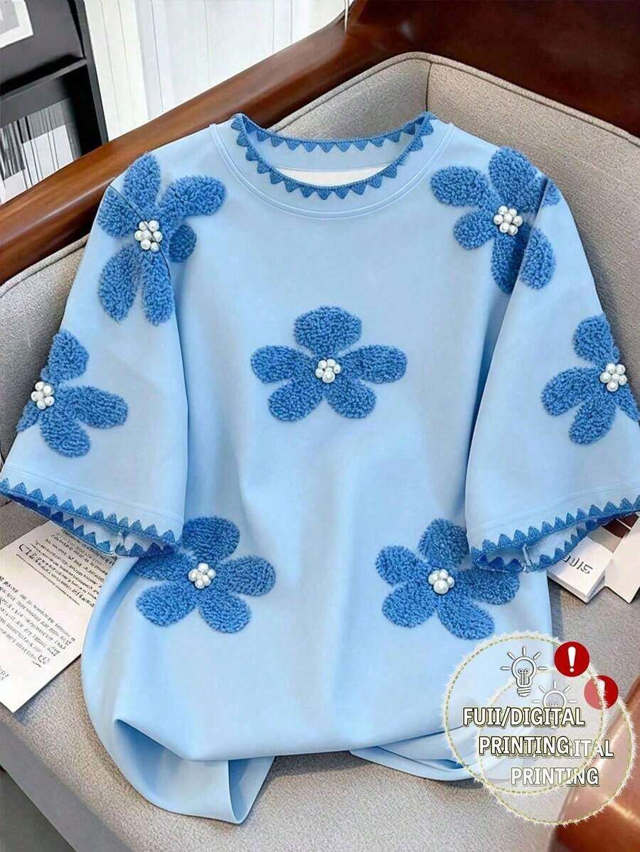 Camiseta de mujer de cuello redondo con estampado de contraste de color degradado de fresa, para verano - Multicolor 10 - Ver 1