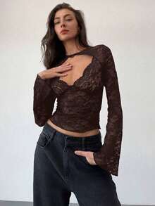 Blusa de manga larga con cuello en V profundo, transparente y con detalles de encaje negro para mujeres - Café integral - Ver 4