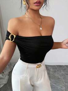 Top de tirantes casual y ajustado con decoración de hombro oblicuo para mujer - Negro - Ver 4