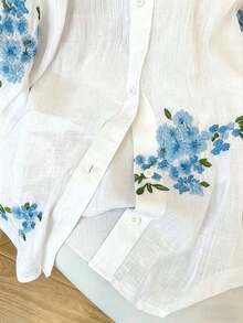 Camisa de mujer de manga larga con botones, de estilo casual y romántico, con bordado floral - Azul 2 - Ver 4