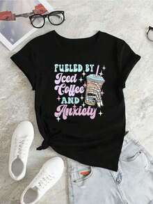 1 pcsCamiseta Iced Coffee Anxiety, camiseta informal de verano de algodón de  con cuello redondo y manga corta (1 pieza)180g 100% Cotton soft - Negro - Ver 2