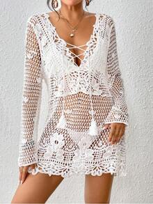 Sexy Solid Color Beach Cover-Up, Seaside Vacation Bikini Cover-Up, Loose-Fitting Sun-Protective Beach Dress - White - View 2