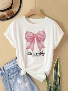 100% Cotton Women's Casual T-Shirt, Round Neck, Short Sleeve, Regular Fit, With Pink Bow And "She Is Worthy" Print - 白色 - 查看 10