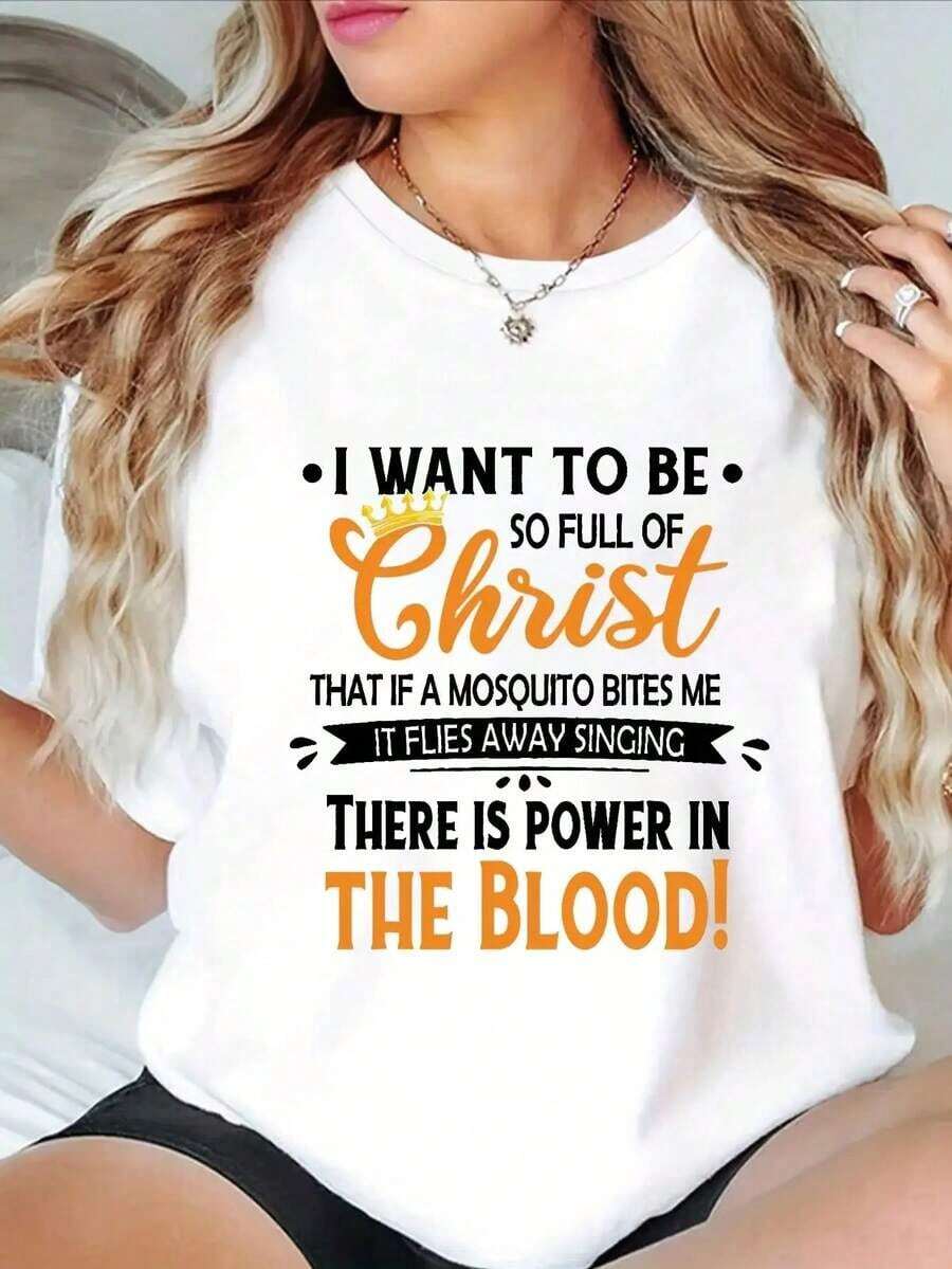 Women's Short Sleeve T-Shirt With Christian Graphic Print "Power In The Blood" - Casual Black Crew Neck Top, Machine Washable For All Seasons, Regular Fit, Comfortable, Inspirational, Semi-Sheer Material. - 白色 - 查看 1