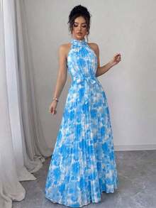 Vestido elegante y romántico con estampado floral, corte evasé y escote halter sin mangas para mujer - Multicolor 4 - Ver 3