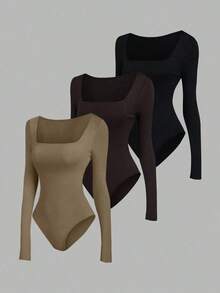 Sweetro Set de 3 bodys de manga larga para mujer en color albaricoque, marrón café y negro, de ajuste ceñido y estilo minimalista y versátil para el día a día - Multicolor 4 - Ver 1