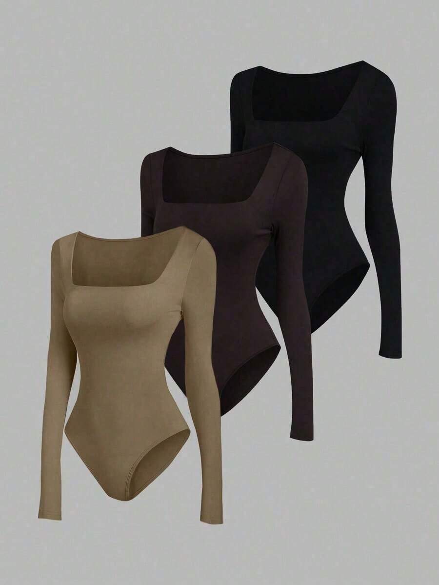 Sweetro Set de 3 bodys de manga larga para mujer en color albaricoque, marrón café y negro, de ajuste ceñido y estilo minimalista y versátil para el día a día - Multicolor 4 - Ver 1