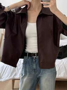 de cuero casual suelta con cremallera en la solapa, chaqueta exterior de manga larga - Marrón - Ver 8