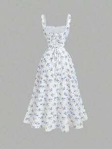 MOD Vestido floral con panel delantero de encaje, cuello cuadrado, espalda recogida con lazo, vestido de fiesta, vestido de brunch, vestido de vacaciones, vestido de banquete, vestido del Día de San Valentín, atuendos de vacaciones en la playa, estilo bohemio, vestidos de verano, vestido maxi floral blanco y azul para invitada de boda, estilo cottagecore, vestido línea A sin mangas de cuello cuadrado, vestido de verano elegante para boda en jardín, fiesta de cóctel, compromiso, reunión festiva - Azul y blanco - Ver 2