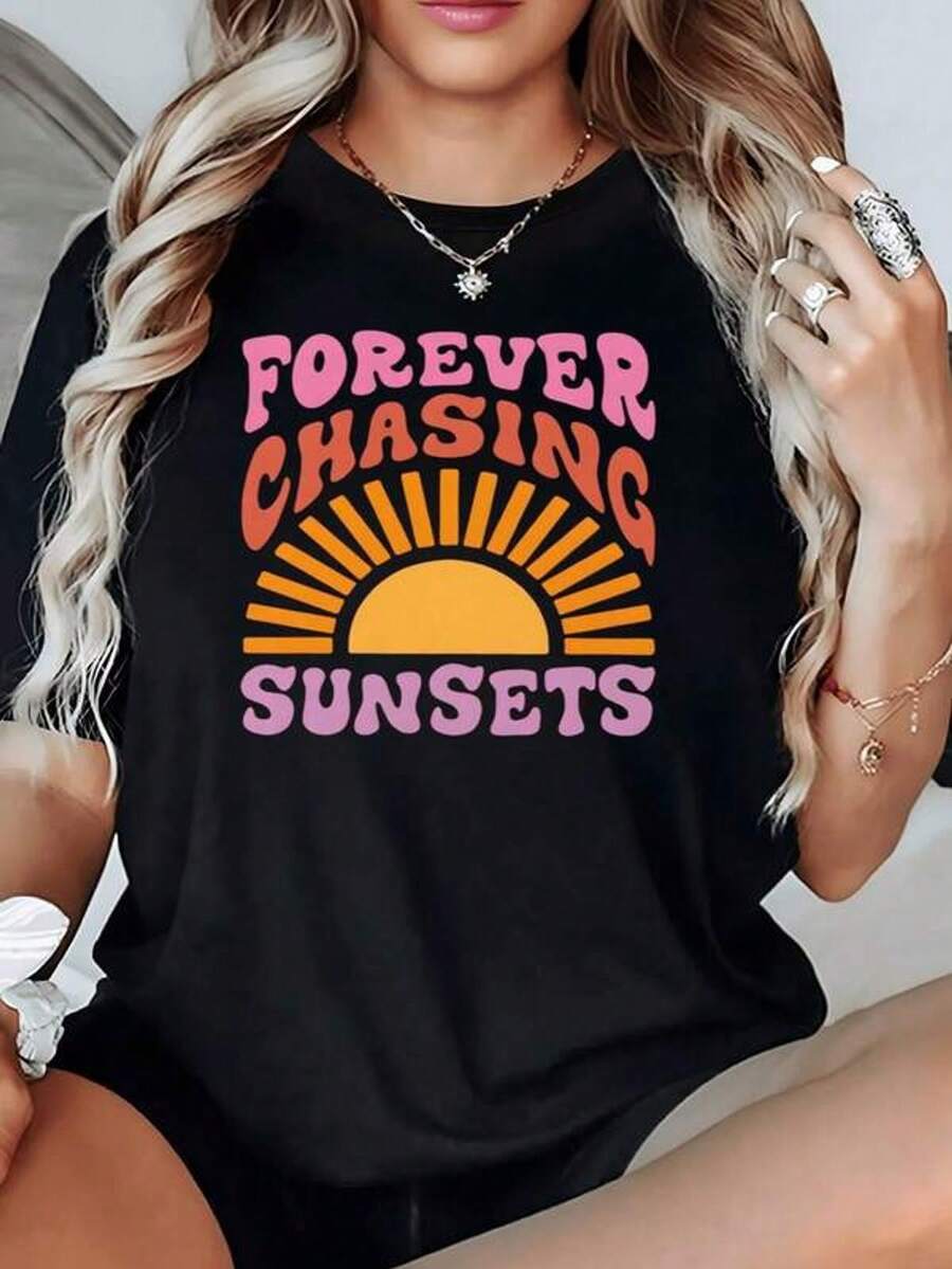 Sol radiante que simboliza energía positiva libertad y esperanza en tonos cálidos retro 100% algodón camiseta de mujer con mensaje inspirador y estilo casual moderno