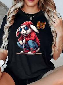 Anthropomorphic Rabbit Wearing A Red Sweatshirt With The Number 67 In Flames, Symbolizing Youthful Energy And Urban Attitude. Women's T-Shirt, 100% Cotton, 220g - Black - View 1