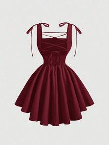 Vestido rosa romántico con espalda descubierta y lazo, adecuado para citas, fiestas, vacaciones, meriendas de té y ocasiones de cumpleaños - Burdeos - Ver 2