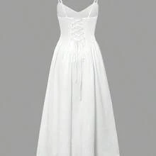 Unadoll Women's Elegant White Corset Midi Dress, Sweetheart Neck Spaghetti Strap Lace-Up Back A-Line Formal Dress For Wedding & Party - Blanco - Ver 5