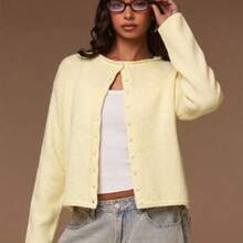 Women's Sapphire Blue Knit Cardigan, Soft Yarn Relaxed Straight Fit Classic Round Neck Drop Shoulder Long Sleeve Minimalist Chic Cardigan For Layering In Spring And Autumn,Bright Blue Knit Button Cardigan,Winter,New Year, Autumn/Winter, Blue Cardigan - Amarillo claro - Ver 1