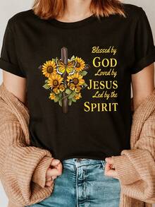 Elegante Camiseta Diaria con Estampado de Girasol y Cruz, Bendecida por Dios y Amada por Jesús, de Algodón, con Estampado de Letras, Manga Corta, Cuello Redondo, Estilo Casual para Verano y Primavera, Ropa de Mujer, Camiseta Chic y a la Moda. - Negro - Ver 7