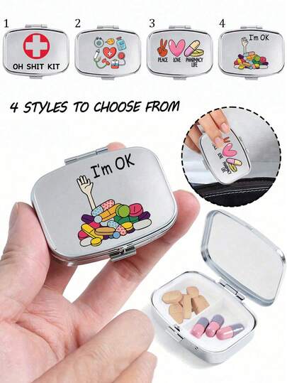 Caja de píldoras cuadrada, cápsulas impresas, píldora, letra, patrones de botella de medicina, compartimentos de almacenamiento de píldoras portátiles, caja de almacenamiento de metal mini, caja de joyas y píldoras portátil, estuche de píldoras de viaje, compartimento grande, organizador de píldoras semanal, para medicación y vitaminas diarias, esencial para médicos y enfermeras, necesidades de emergencia, viaje, rescate de emergencia de senderismo, regalo creativo personalizado con logotipo de dibujos animados