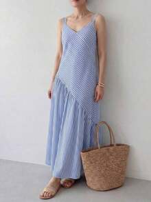 YHHEMERY ROSE Vestido casual de mujer con rayas y bajo asimétrico, para veranoYHH - Azul y blanco - Ver 3