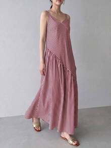 Vestido casual de mujer con tirantes finos y rayas - Rojo y blanco - Ver 2