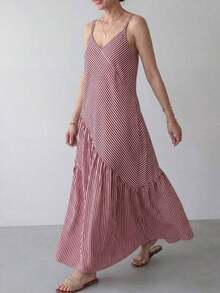 Vestido casual de mujer con tirantes finos y rayas - Rojo y blanco - Ver 4
