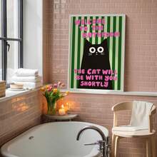 1 pieza Arte de pared de baño con gato negro divertido "El gato estará contigo en breve" Impresión en lienzo|Decoración del hogar moderna con rayas verdes de dopamina para baño, dormitorio, sala de estar o inodoro, póster de gatito lindo, regalo para ella, sin marco, pergamino colgante de madera o enmarcado - patrón - Ver 6