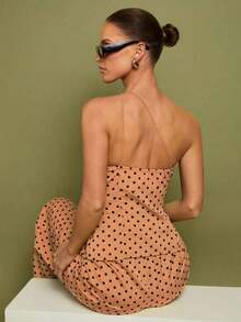 Set de 2 piezas de Top con hombros y pantalones a lunares para mujer, uso casual minimalista de todos los días - Amarillo - Ver 5