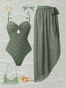 Swim Oasis Conjunto de traje de baño elegante y minimalista de estilo de dama de alta gama con diseño de cuentas de color contrastante y tela texturizada calada, serie 26ss, estilo de fiesta en la playa y resort, una pieza - Verde - Ver 9