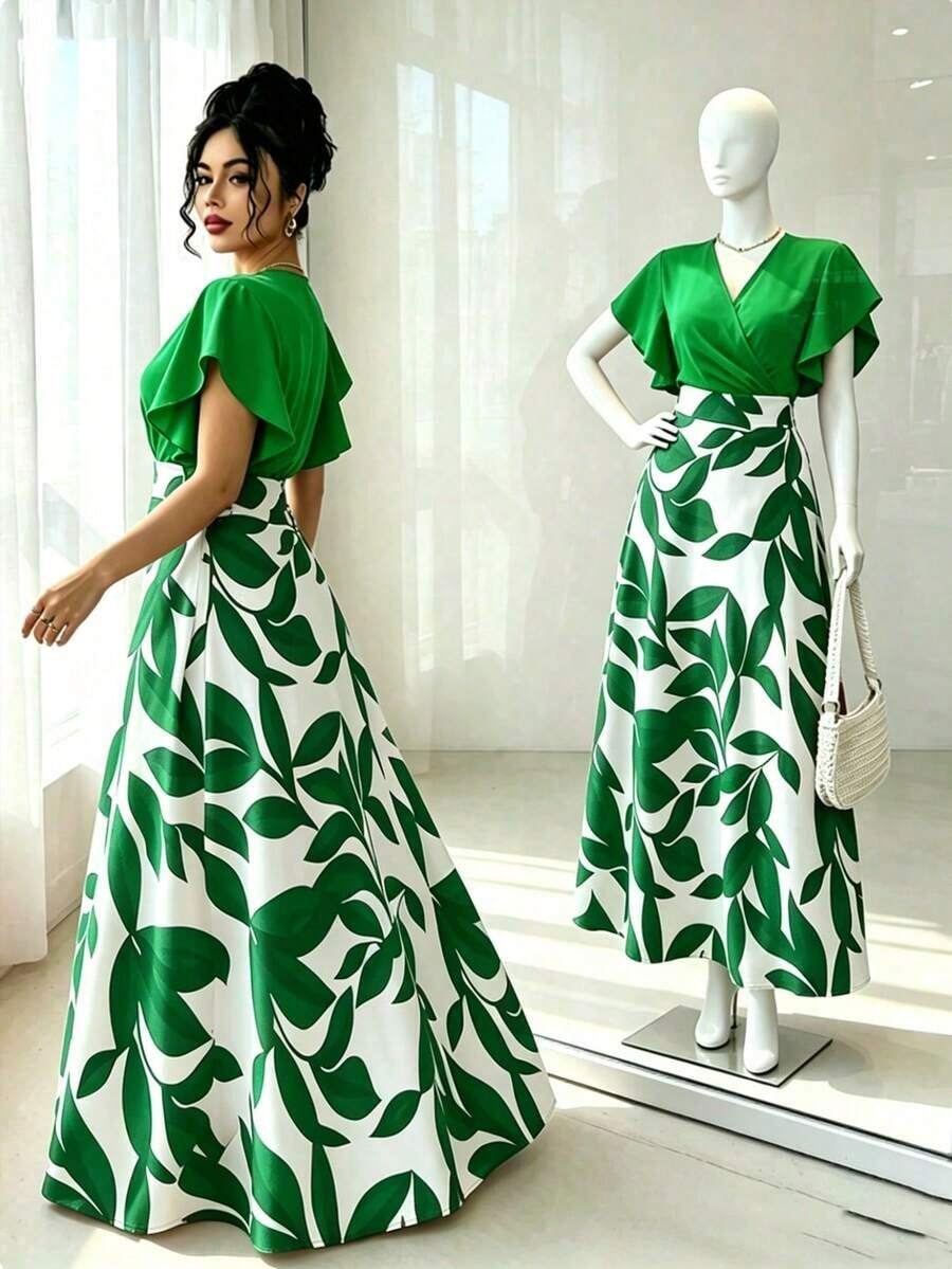 ajustado y acampanado con volantes y mangas de capa, con estampado de hojas de color rojo burdeos, para primavera/verano - Verde - Ver 1